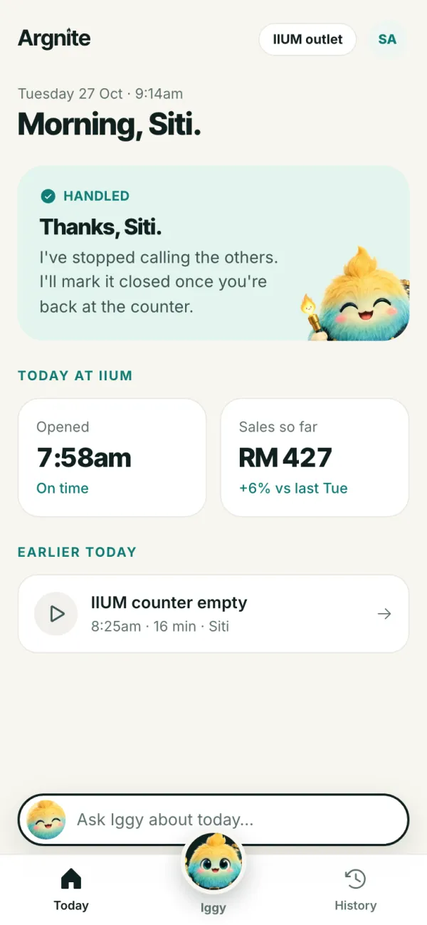 After tapping I'm on it: a green card thanking Siti and saying Iggy has stopped calling the others